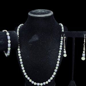 Semi Precious Green & Blue Bead Necklace, Bracelet & Pierced Earrings Set (4939)